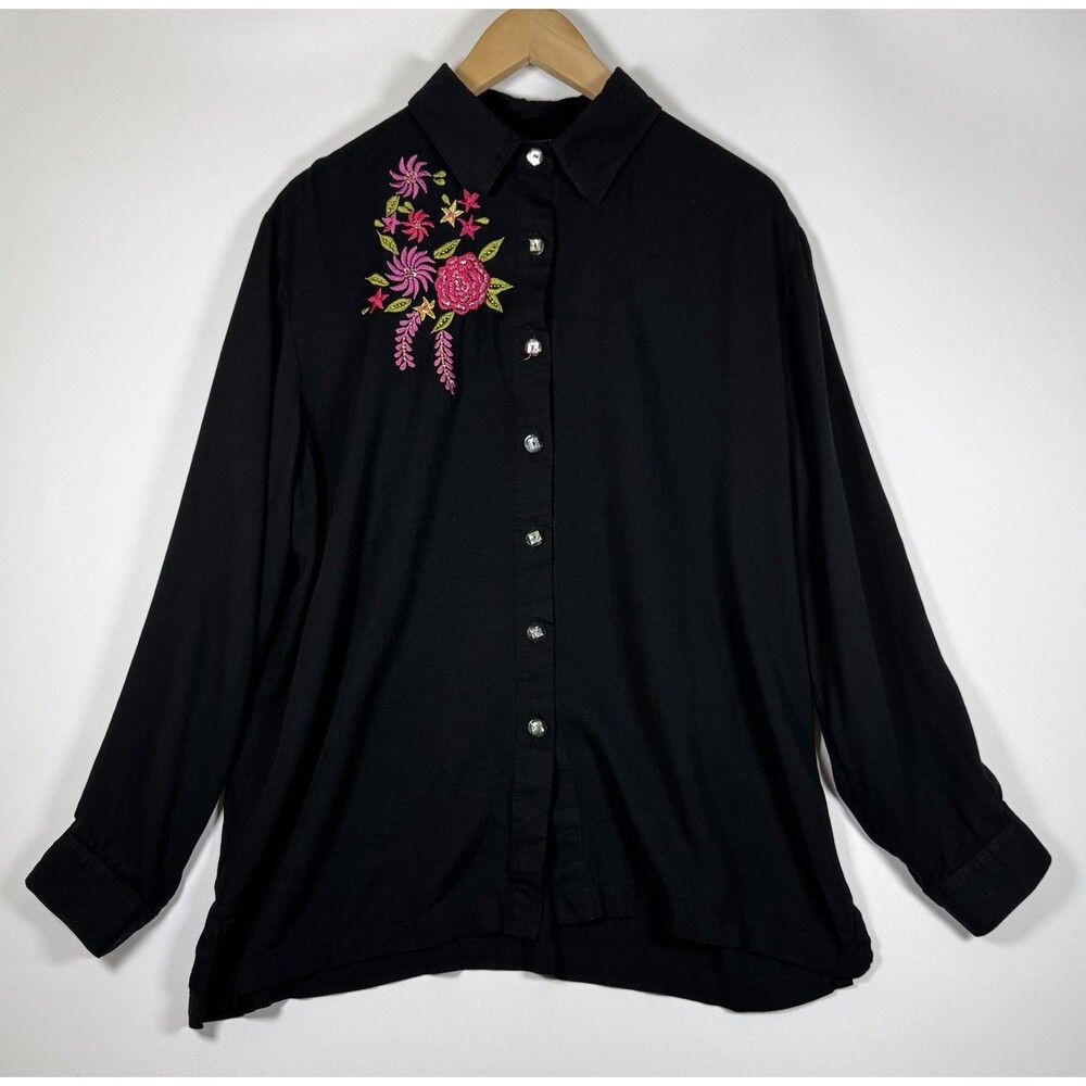 Surya Blouse Womens Large Black Button Up‎ Floral Embroidered Beaded Rayon Boho